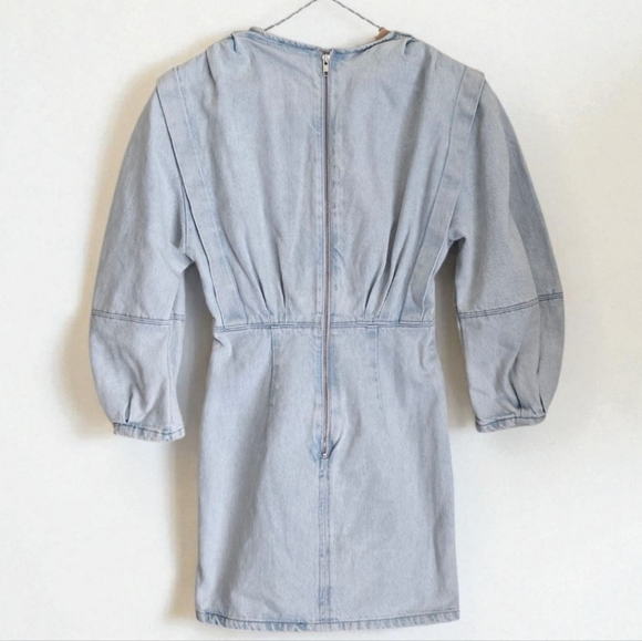 Zara Light Blue Pleated Denim Mini Dress Elbow Length Puff balloon Sleeves - Picture 3 of 16